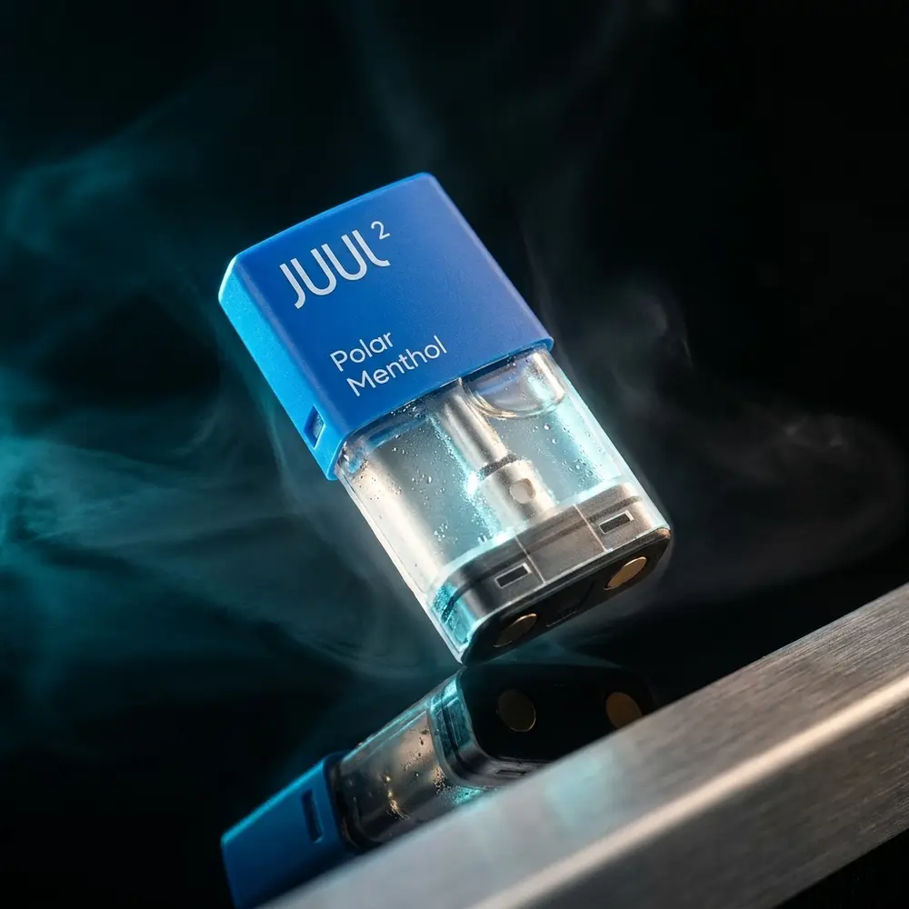 Pod Refil Juul 2 Polar Menthol suspenso sobre acrilico preto com iluminacao fria e gotas de condensacao - Vapor Gringo