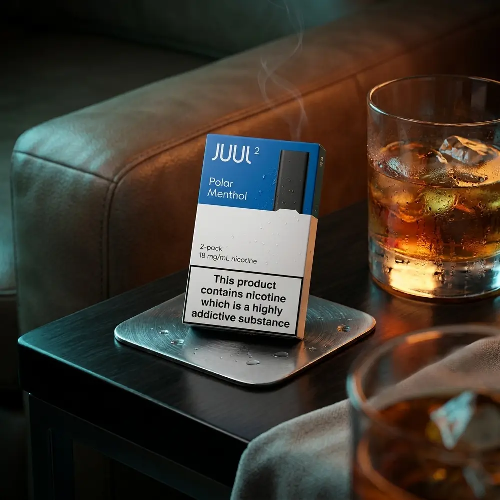 Cartucho Refil Juul 2 Polar Menthol encostado em coaster metalico com copo e luzes lounge azul-ambar - Vapor Gringo