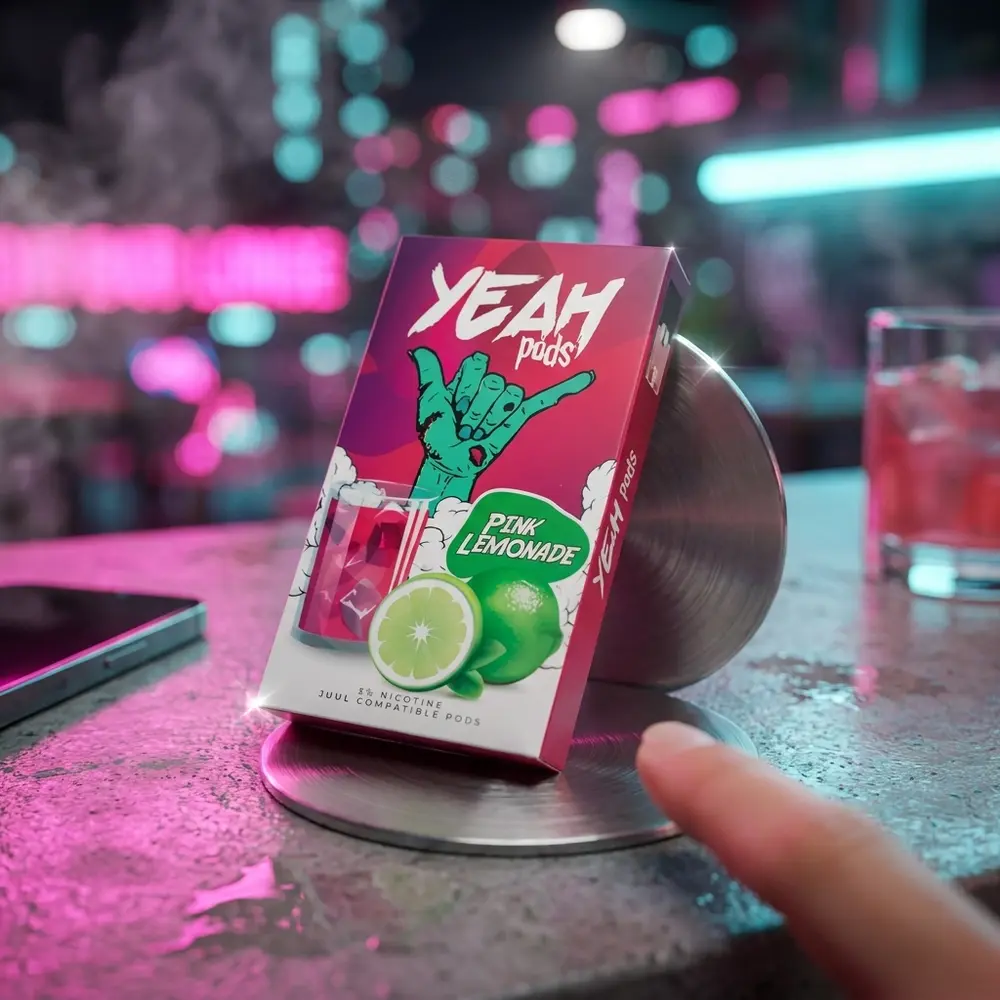 Refil para Pod Juul Yeah Pink Lemonade repousado em balcão urbano molhado com bokeh neon rosa e ciano, mão desfocada - Vapor Gringo