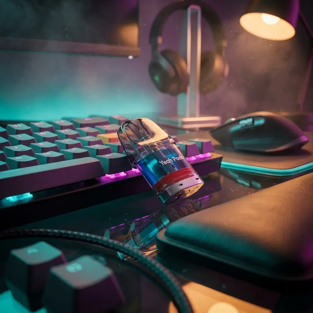 Refil para Pod Yeah Blueberry Raspberry apoiado num teclado gamer RGB com luzes coloridas e reflexos urbanos - Vapor Gringo