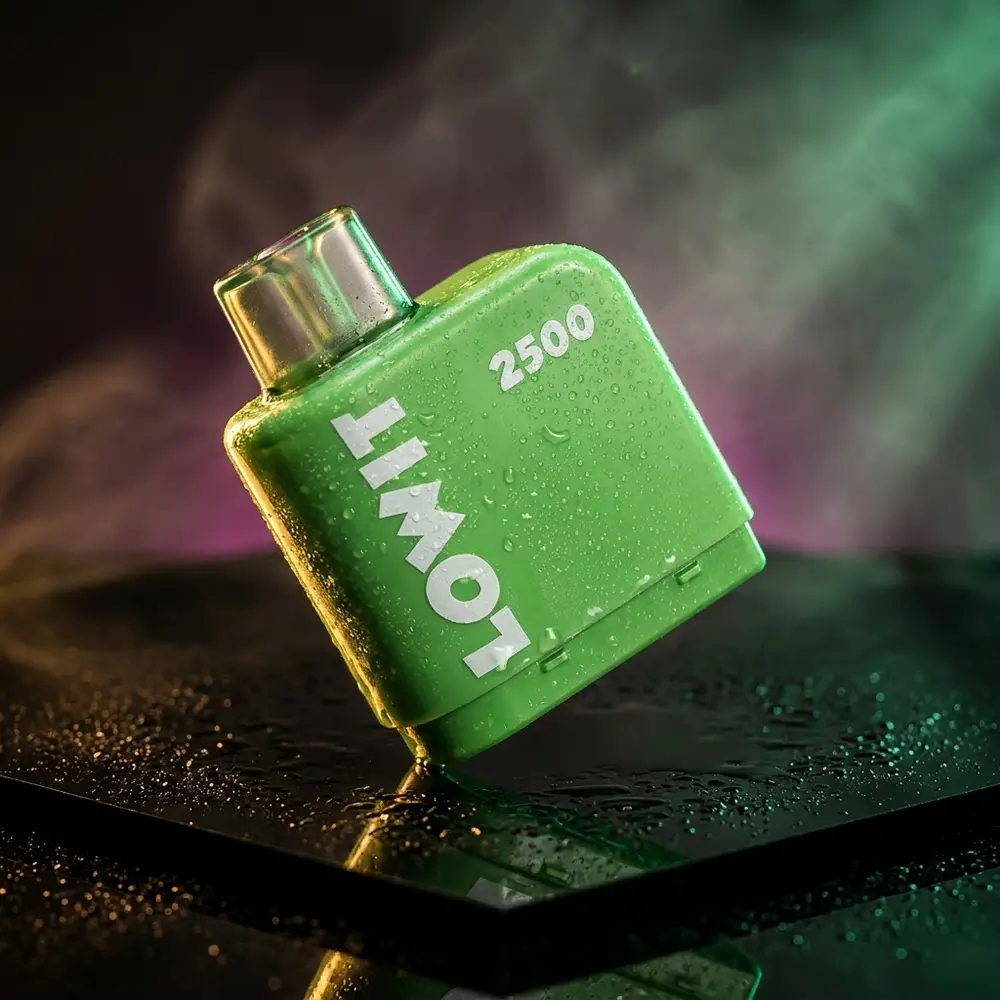 Refil Pod Lowit 2500 Kiwi Passion Fruit Guava sobre acrílico preto com luzes douradas e verdes - Vapor Gringo