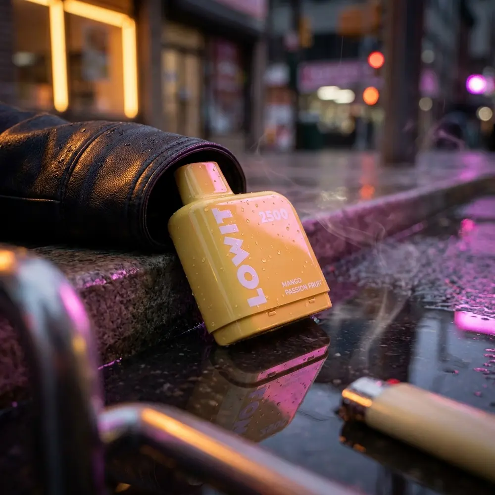 Refil Pod Lowit 2500 Mango Passion Fruit em cena noturna urbana neon, apoiado em superficie molhada com reflexos - Vapor Gringo