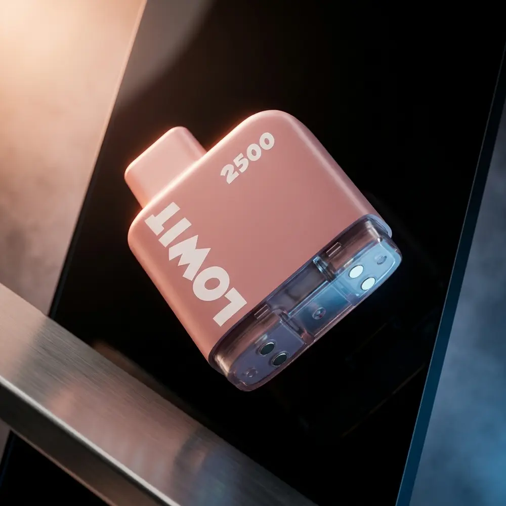 Refil Pod Lowit 2500 Puffs Juicy Peach da Elf Bar em close sobre acrílico escuro com reflexos. - Vapor Gringo