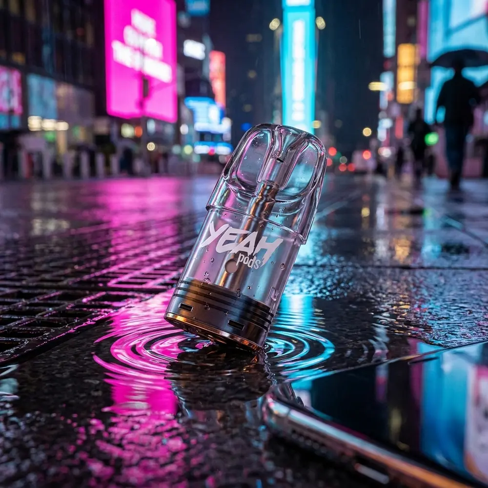 Refil para Pod Juul Yeah Strawberry Banana em rua molhada com reflexos neon e bokeh urbano ao fundo. - Vapor Gringo
