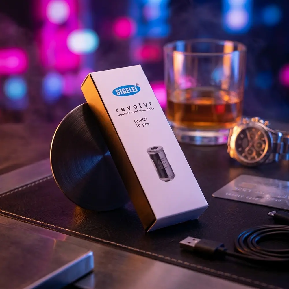 Pack Resistência Coil 0.9ohm Sigelei em lounge noturno de luxo com luzes neon e objetos de mesa - Vapor Gringo