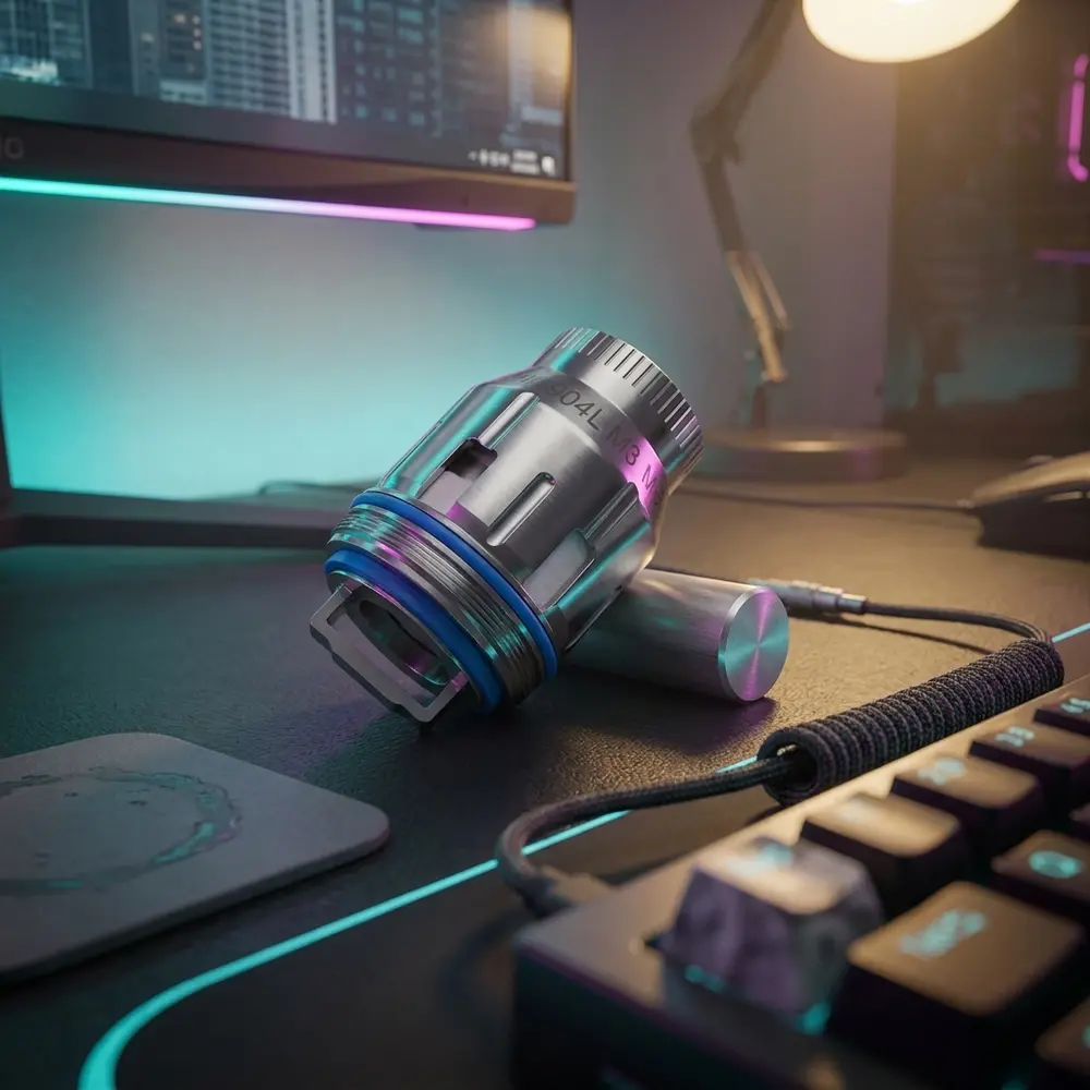 Resistência Coil 904L M Freemax em bancada gamer RGB com teclado e reflexos coloridos ao fundo - Vapor Gringo