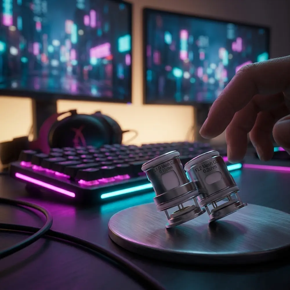 Pack de Resistência Coil FL Freemax apoiado em mesa gamer RGB, teclado iluminado e reflexos - Vapor Gringo