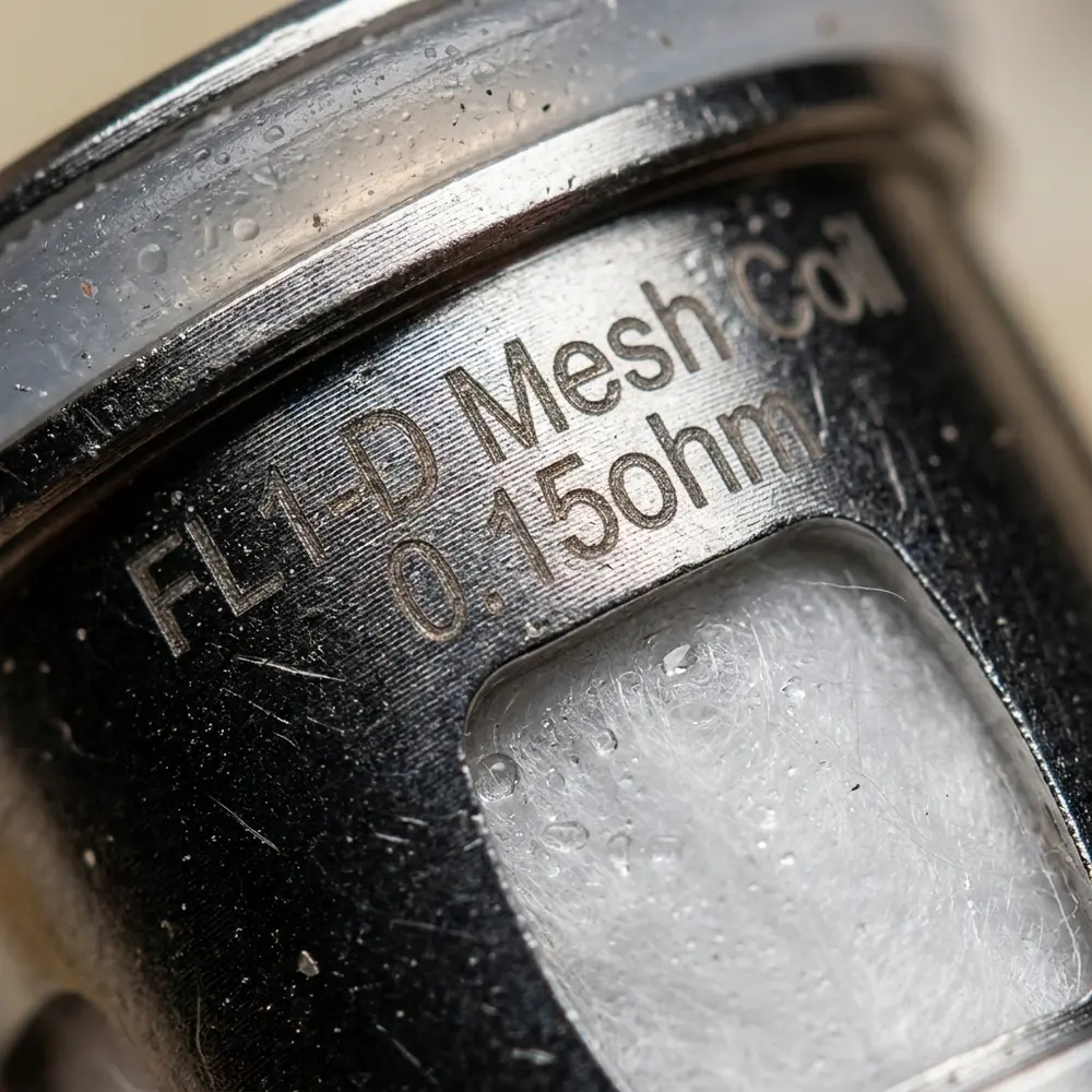 Close-up da etiqueta e logo da Resistência Coil FL Freemax com condensação e reflexos metálicos - Vapor Gringo
