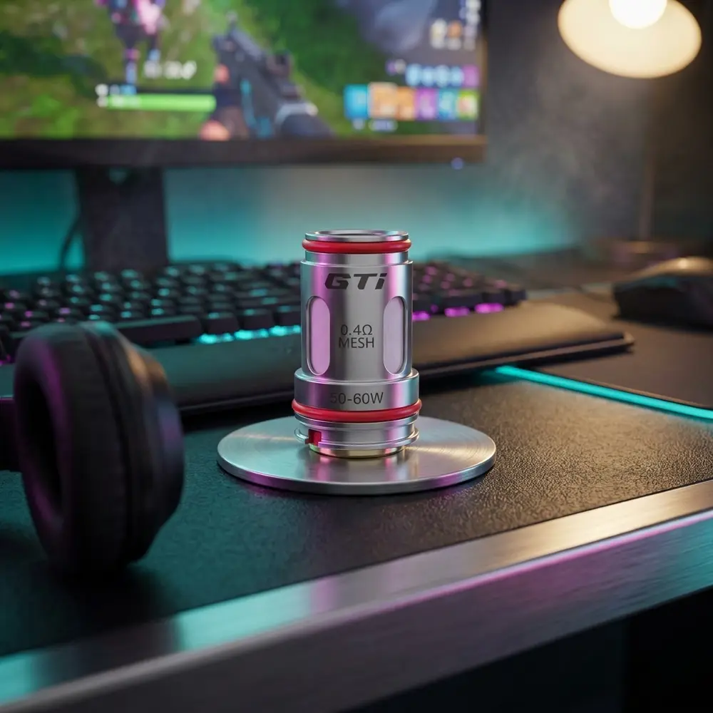 Resistência Coil GTI Vaporesso apoiada em setup RGB de gaming com teclado mecânico e luzes neon ao fundo - Vapor Gringo