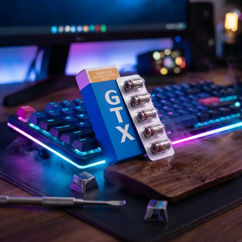 Pack de Resistência Coil GTX Mesh apoiado em teclado gamer RGB em ambiente noturno urbano - Vapor Gringo
