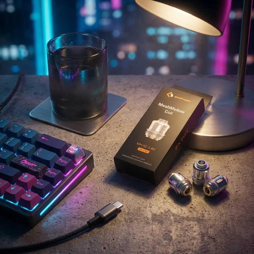 Pack de Resistência Coil Meshmellow apoiado em bancada urbana com teclado RGB e cidade desfocada ao fundo - Vapor Gringo