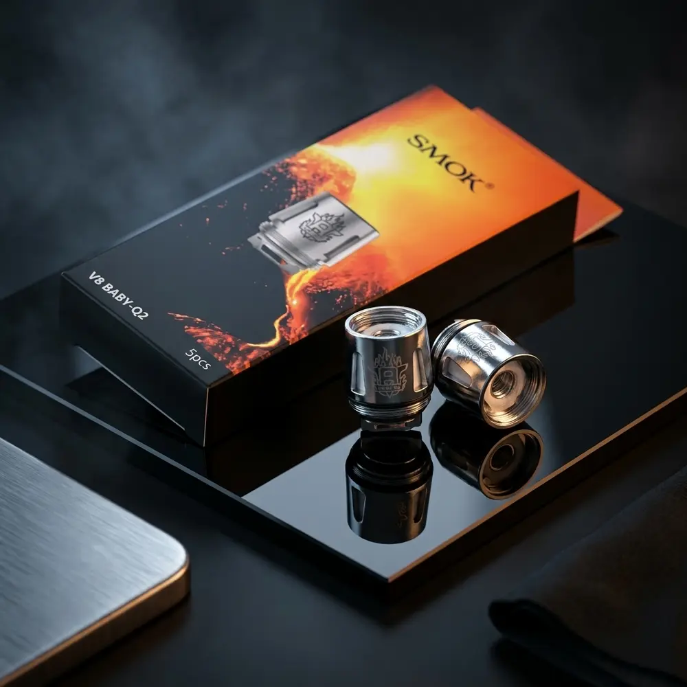 Pack da Resistência Coil Q2 da Smok sobre placa acrílica preta com iluminação dramática e reflexos - Vapor Gringo
