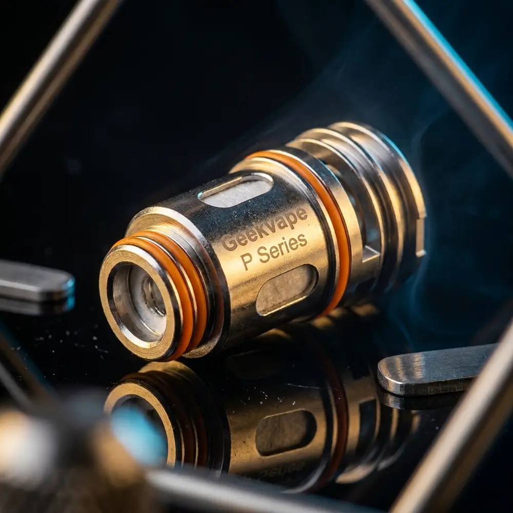 Resistência Coil Série P da GeekVape sobre superfície preta brilhante com iluminação teatral e reflexos. - Vapor Gringo