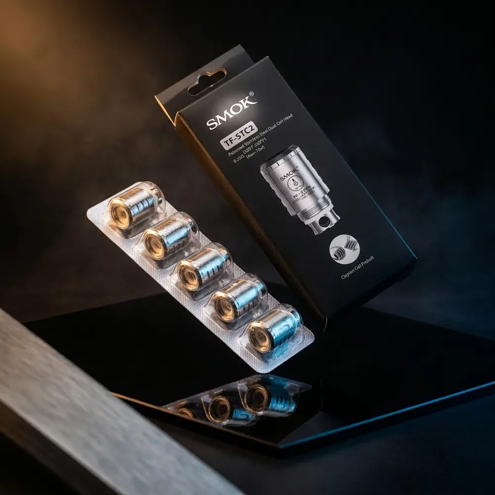 Resistência Coil TF-STC2/TF-Ti da Smok suspensa sobre base acrílica preta, luz âmbar e azul destacando metal e logo - Vapor Gringo