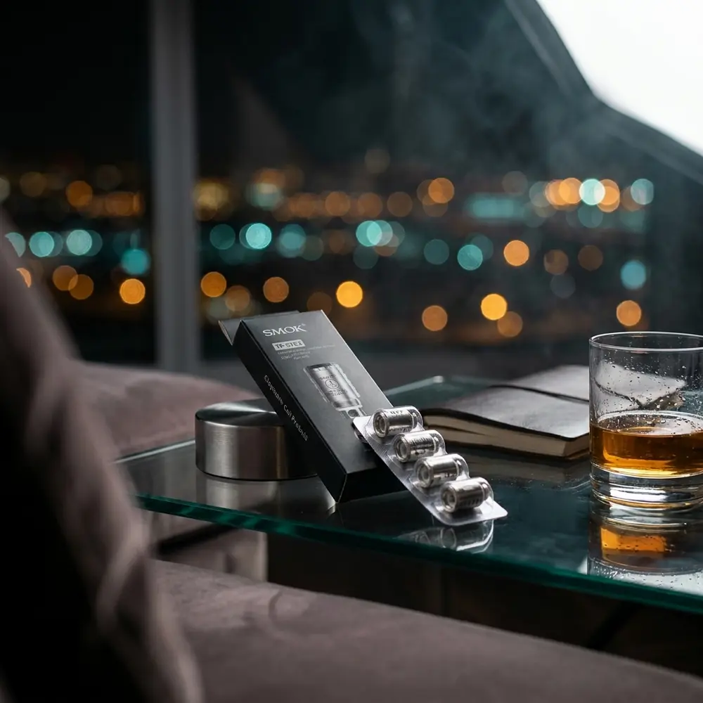 Resistência Coil TF-STC2/TF-Ti da Smok apoiada em coaster metálico num lounge urbano com bokeh de cidade ao fundo - Vapor Gringo