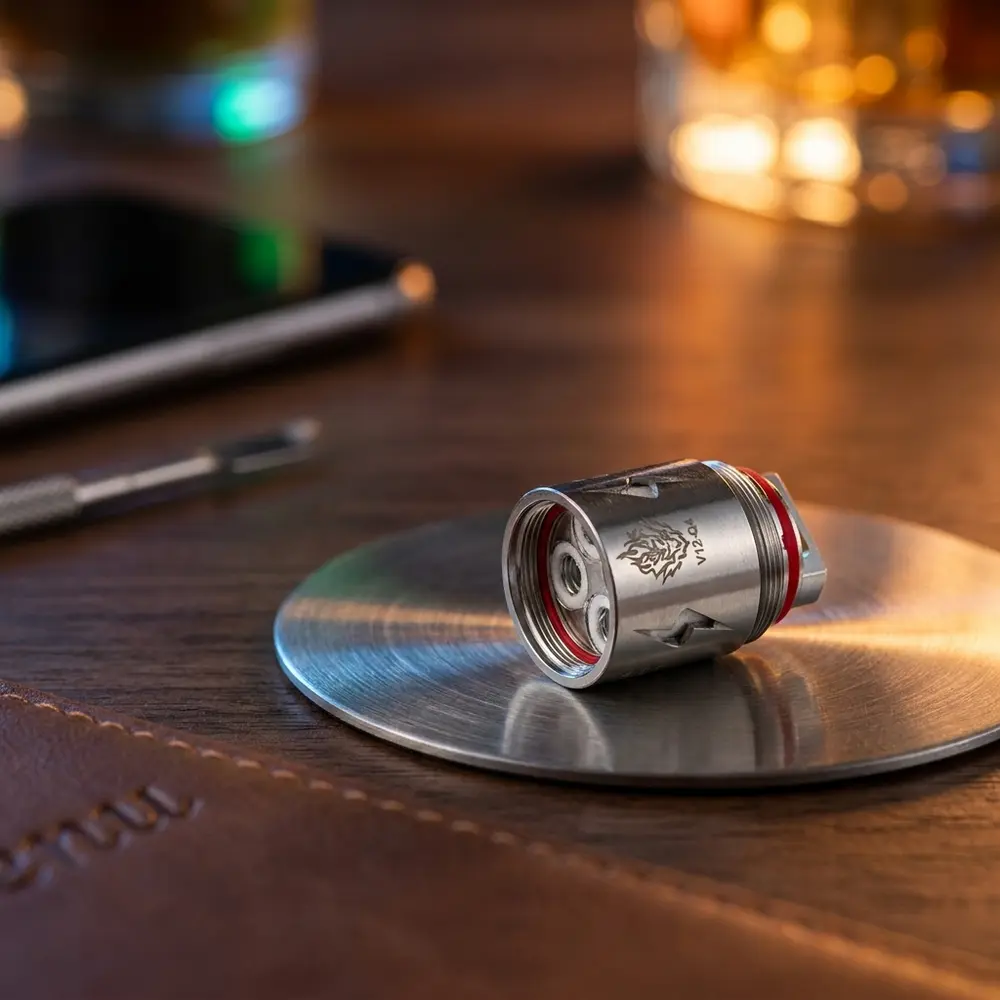 Resistência Coil TFV12 Q4 0.15ohm apoiada em coaster metalizado numa mesa de lounge com luzes RGB ao fundo. - Vapor Gringo