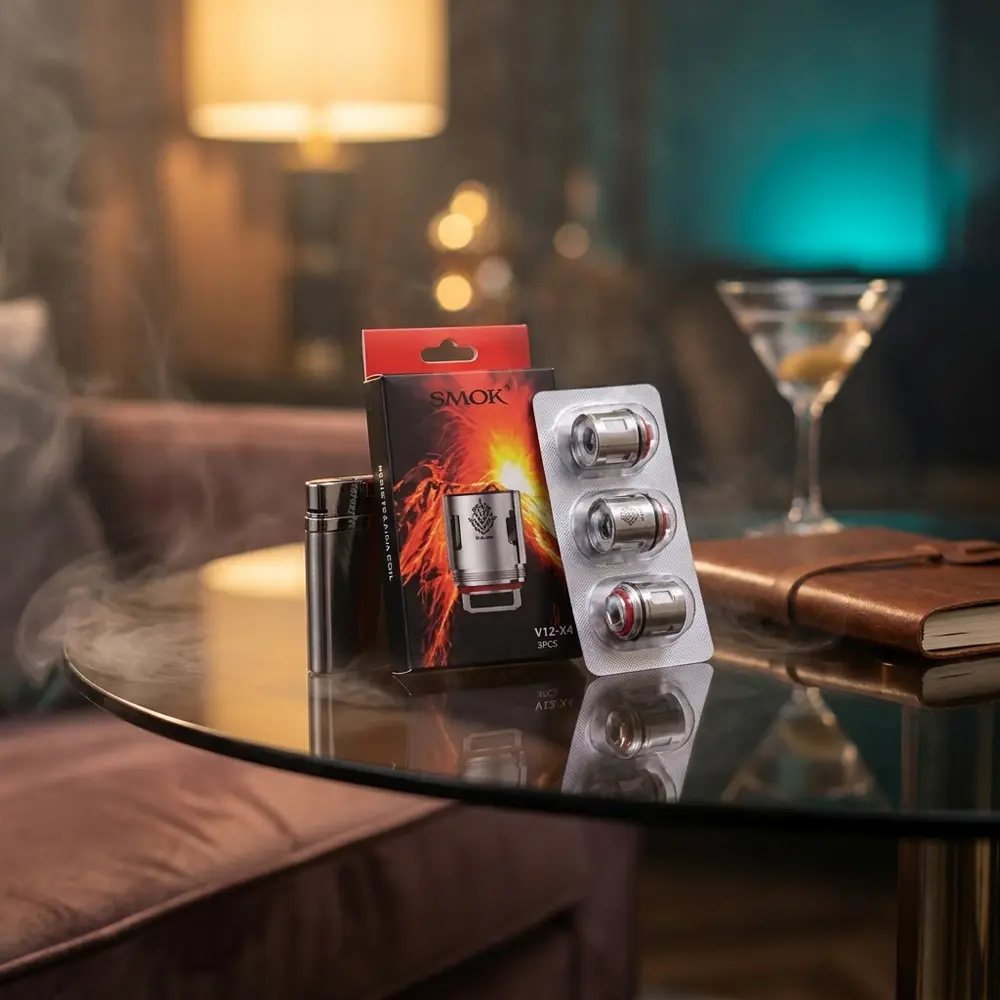 Pack da Resistência Coil TFV12 X4 0.15ohm Smok sobre mesa de vidro em lounge luxuoso com copo desfocado e luzes quentes - Vapor Gringo