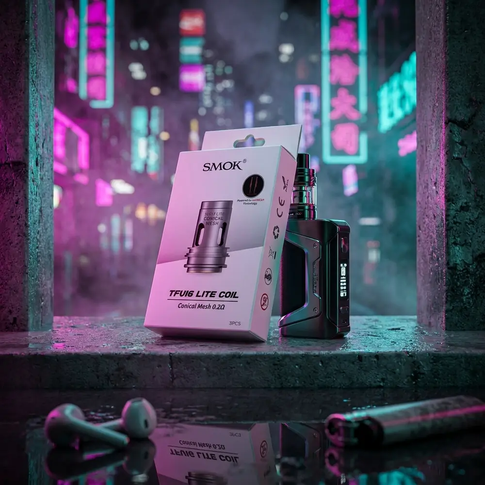 Caixa da Resistencia Coil TFV16 Lite da Smok apoiada em parapeito molhado com neon ao fundo e objetos de vaper - Vapor Gringo