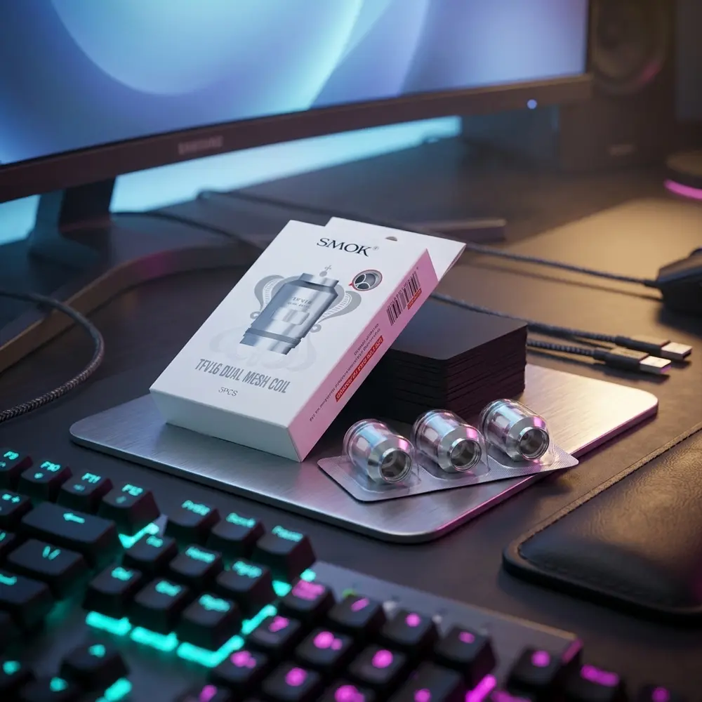 Resistência Coil TFV16 da Smok sobre mesa gamer RGB perto de teclado mecânico e monitor - Vapor Gringo
