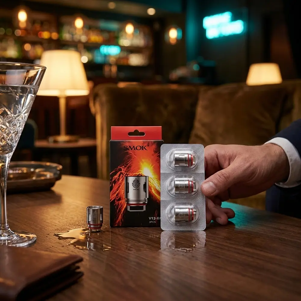 Resistencia Coil TFV8 T10 Smok sobre mesa de lounge com luzes de bar, reflexo e mao parcialmente visivel - Vapor Gringo