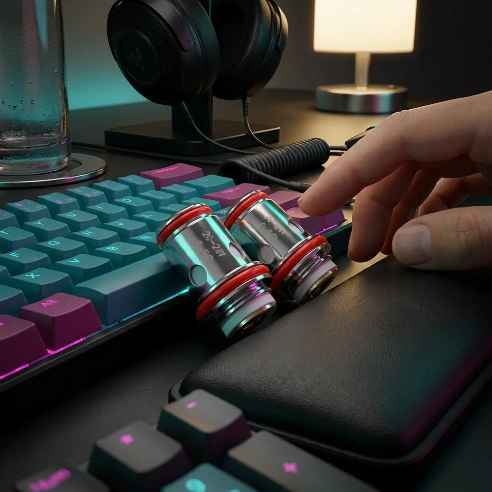 Resistência Coil Unicoil 1.0ohm OXVA em mesa gamer RGB, encostada em apoio de pulso com reflexos coloridos - Vapor Gringo
