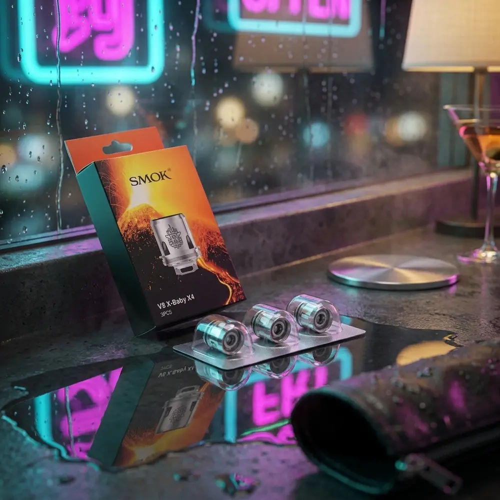 Resistência Coil V8 X-Baby Q2 0.4ohm Smok sobre bancada molhada com reflexos neon urbanos e bokeh - Vapor Gringo