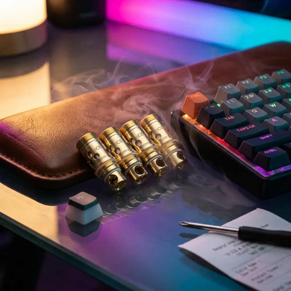 Pack da Resistência Coil Vape 88W King Sahara E-BUZZ encostado num teclado mecânico RGB sobre bancada de vidro - Vapor Gringo