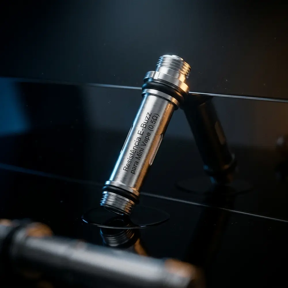 Resistência E-Buzz para Mini Vape sobre acrílico preto com iluminação azul e âmbar, reflexos e sombras - Vapor Gringo