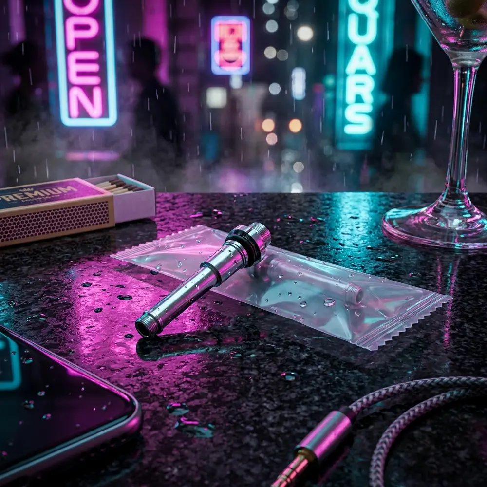 Resistência E-Buzz para Mini Vape em balcão urbano molhado com luzes neon ao fundo e reflexos - Vapor Gringo