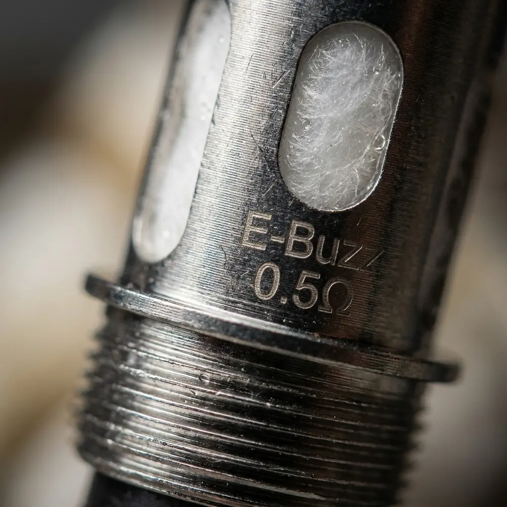 Close-up da Resistência E-Buzz 0.5Ω mostrando metal, algodão e gotas de condensação com reflexos - Vapor Gringo