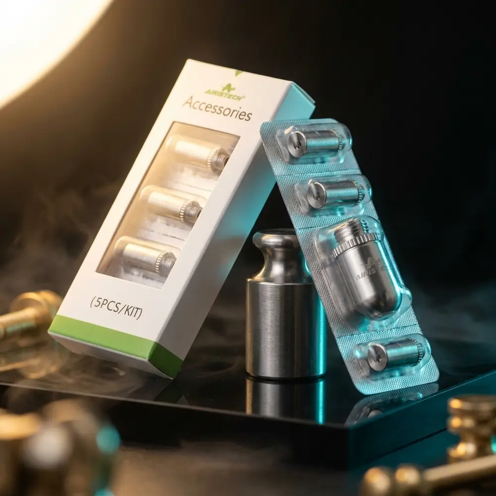Resistência Câmara Herb Bullet Airistech sobre base acrílica escura com reflexos metálicos e luz dramática - Vapor Gringo
