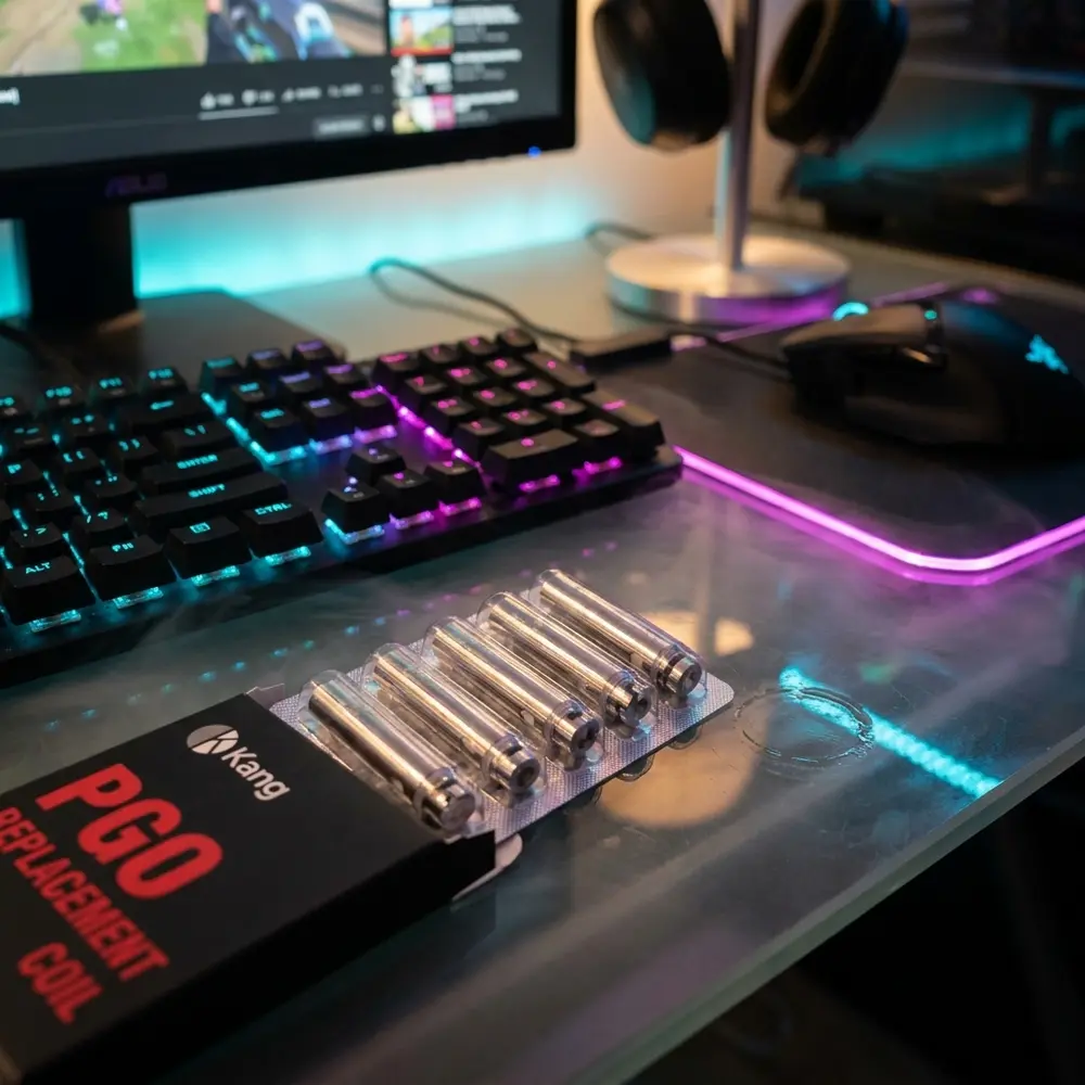 Resistencia Kangertech PGOCC apoiada em mesa gamer com teclado mecanico, luzes RGB e vapor discreto - Vapor Gringo