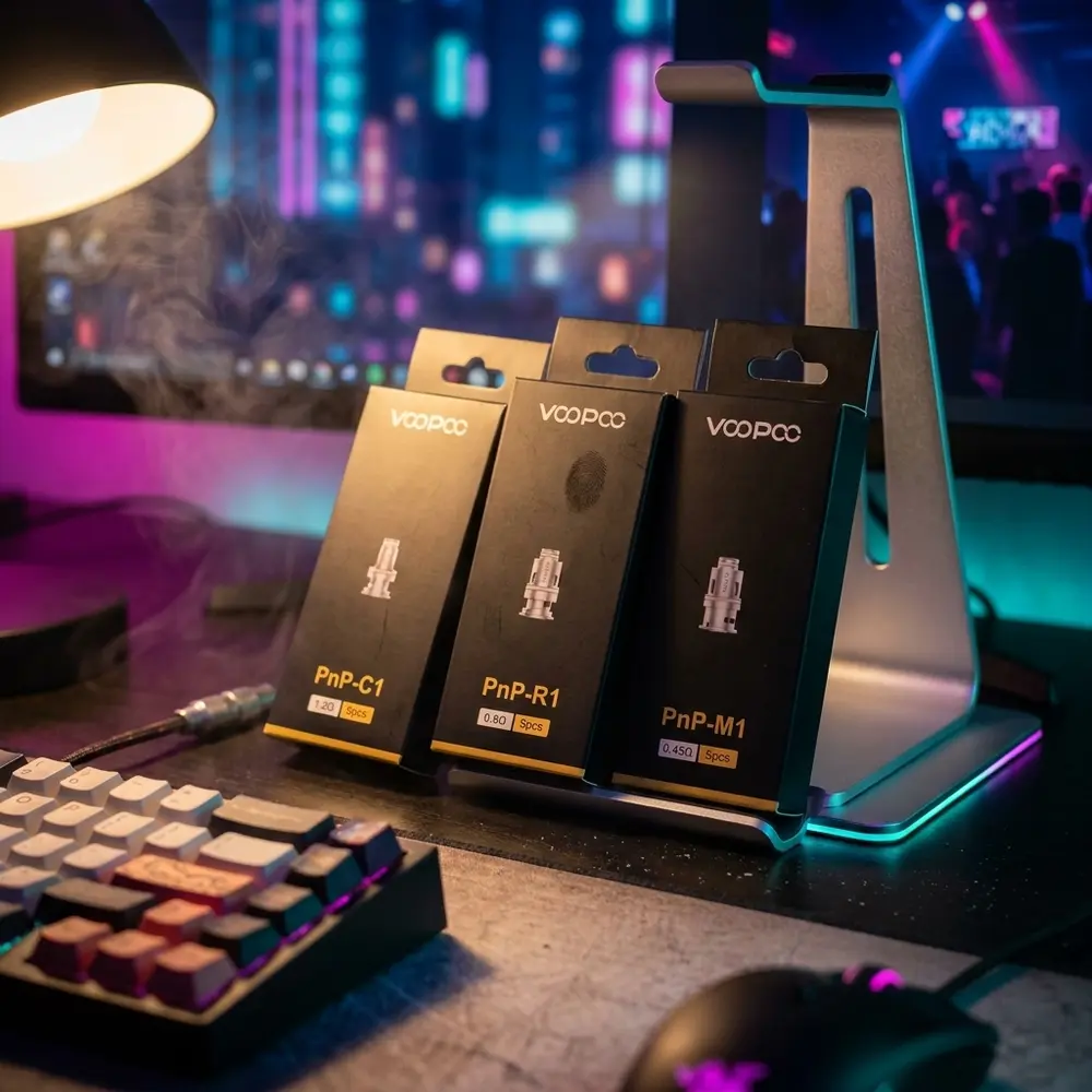 Resistência PnP Voopoo apoiada em setup gamer com teclado RGB e luzes de cidade ao fundo - Vapor Gringo