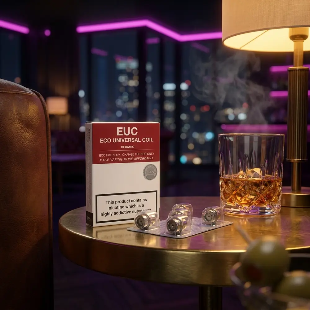 Resistencia Tarot Nano Ceramic VECO Vaporesso apoiada em mesa de lounge luxuosa com vidro e luz neon - Vapor Gringo