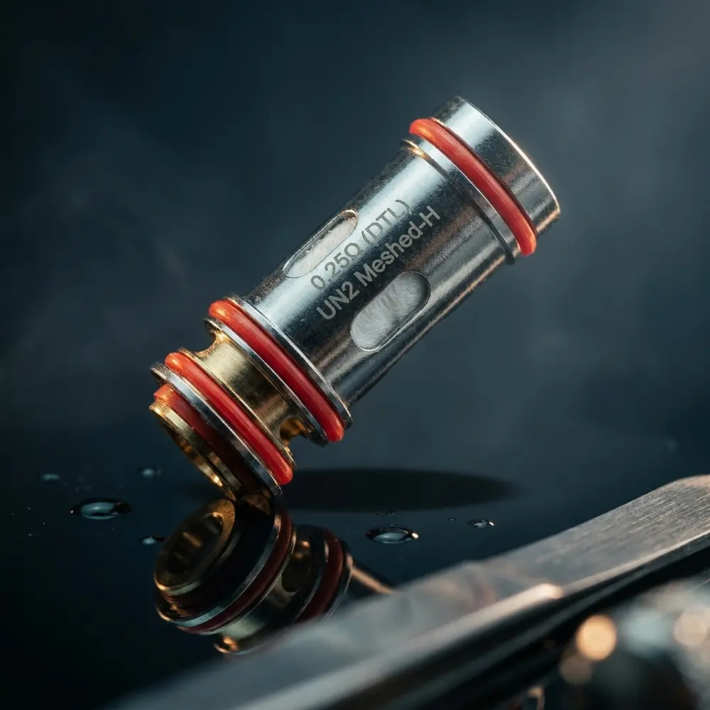 Resistência UN2 Meshed Uwell em close diagonal suspensa sobre acrílico molhado com reflexos e luz dramática - Vapor Gringo