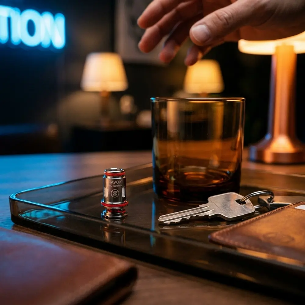 Resistência UN2 Meshed Uwell apoiada em bandeja de vidro num lounge urbano com luzes âmbar e azul e objetos premium - Vapor Gringo