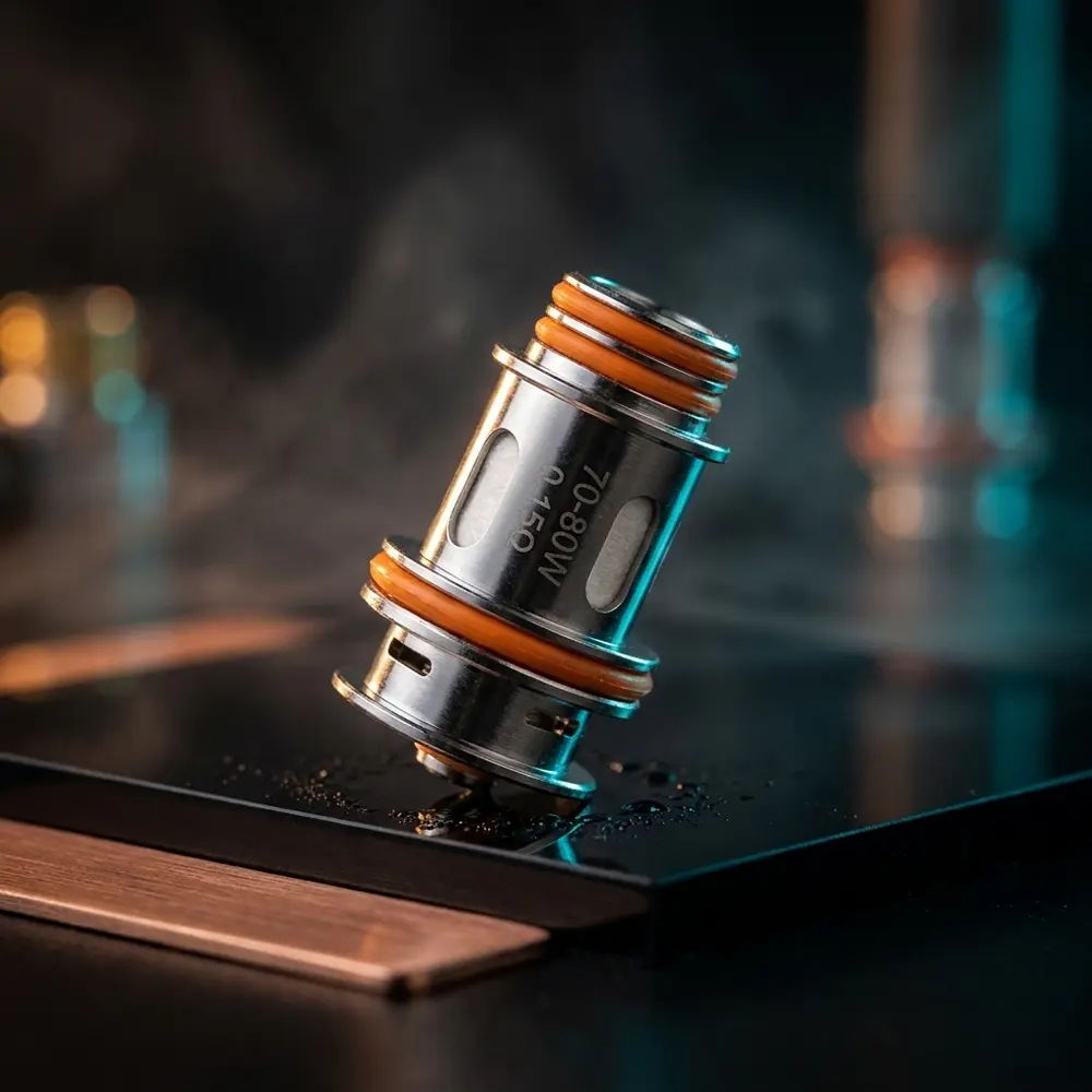Resistência Uniplus 0.15 ohm OXVA em close sobre acrílico preto com reflexos e luzes ambar/teal - Vapor Gringo