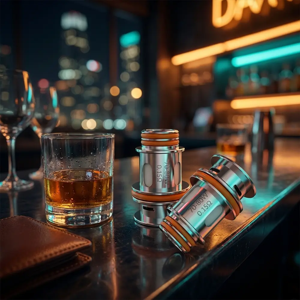 Resistência Uniplus 0.15 ohm OXVA apoiada num balcão urbano iluminado por luzes noturnas e reflexos RGB - Vapor Gringo