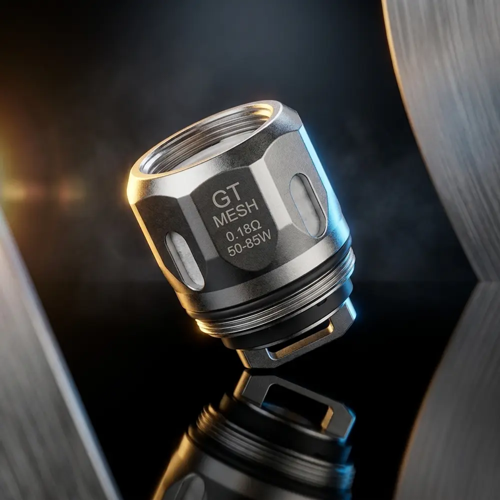 Resistência Vaporesso GT Mesh sobre acrílico preto em estúdio com iluminação dramática - Vapor Gringo