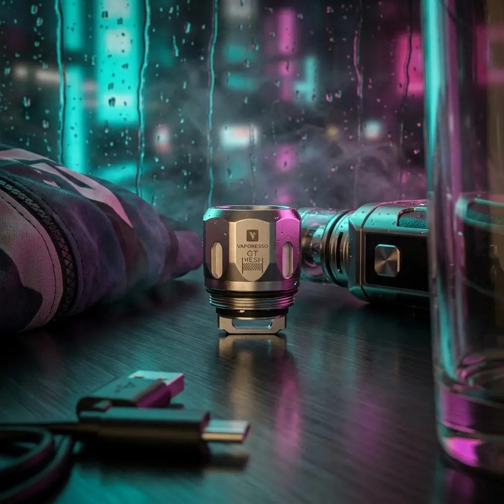 Resistência Vaporesso GT Mesh em interior cyberpunk com luzes neon e bancada metálica - Vapor Gringo
