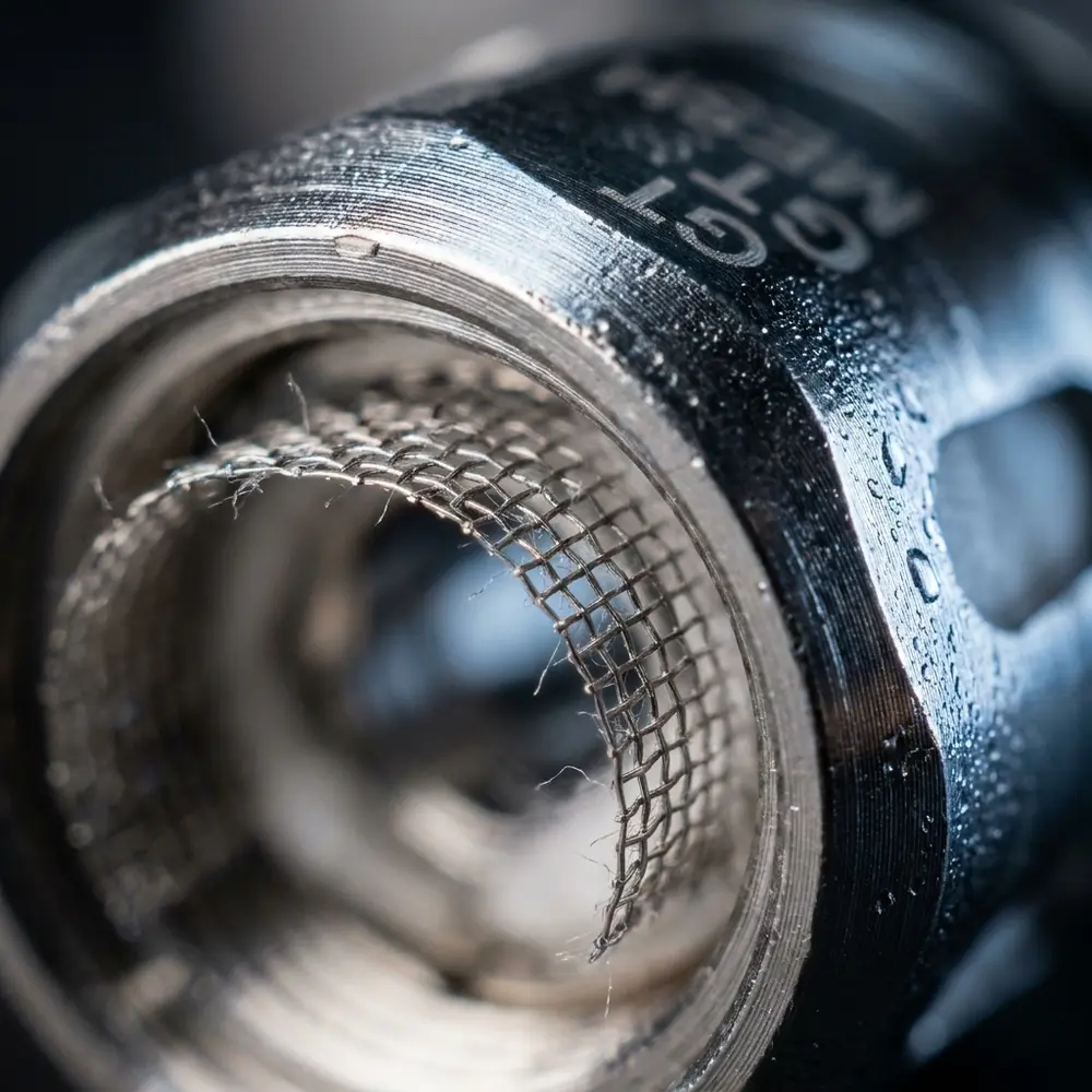 Close-up da malha metálica e textura da Resistência Vaporesso GT Mesh com gotas sutis - Vapor Gringo