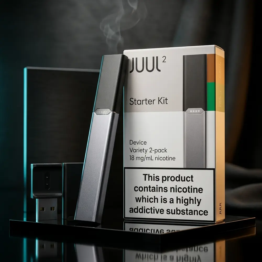 Starter Kit Juul 2 gunmetal sobre base acrilica preta com iluminacao teatral ciano e ambar - Vapor Gringo