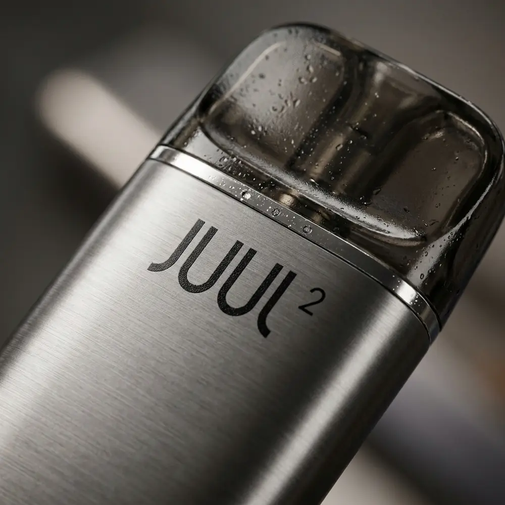 Close-up do Starter Kit Juul 2 gunmetal mostrando boca, logo e texturas metalicas com pequenas gotas - Vapor Gringo