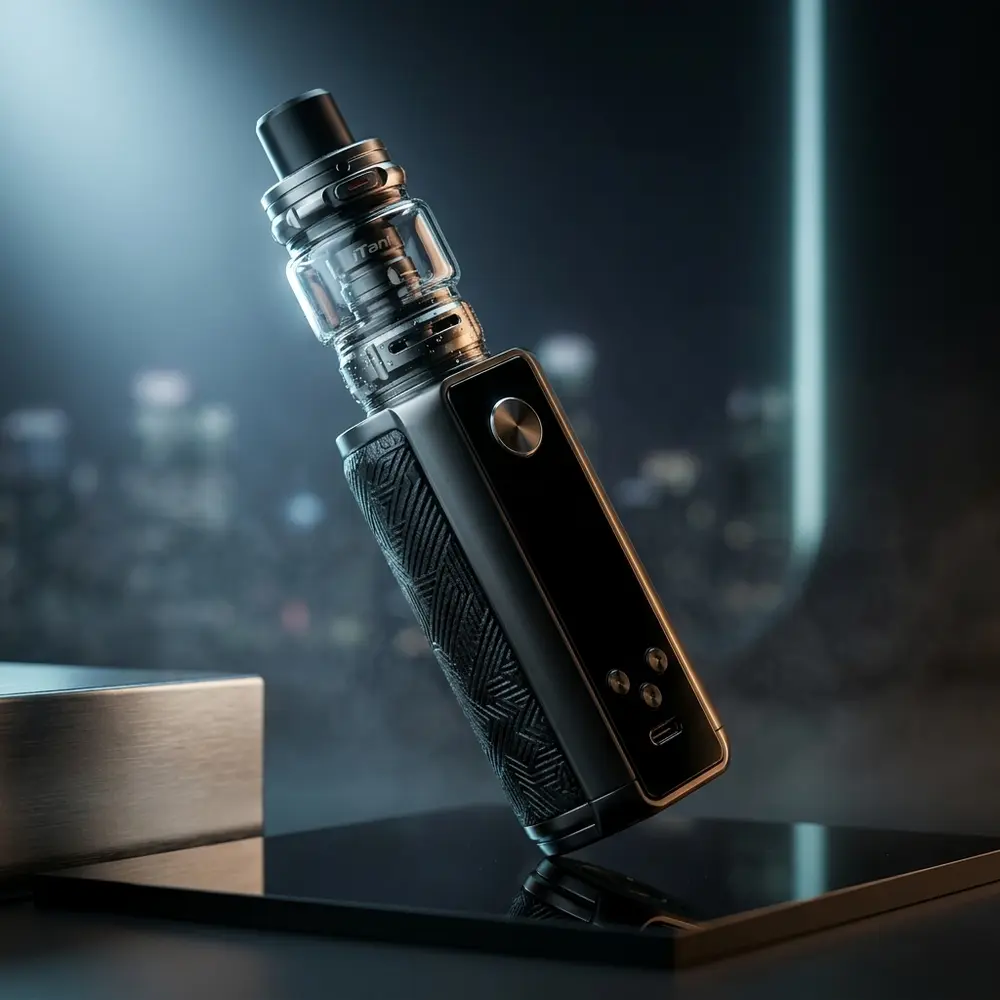 Kit Vape Target 200 iTank 2 Vaporesso em close dramático sobre acrílico preto molhado, reflexos urbanos - Vapor Gringo