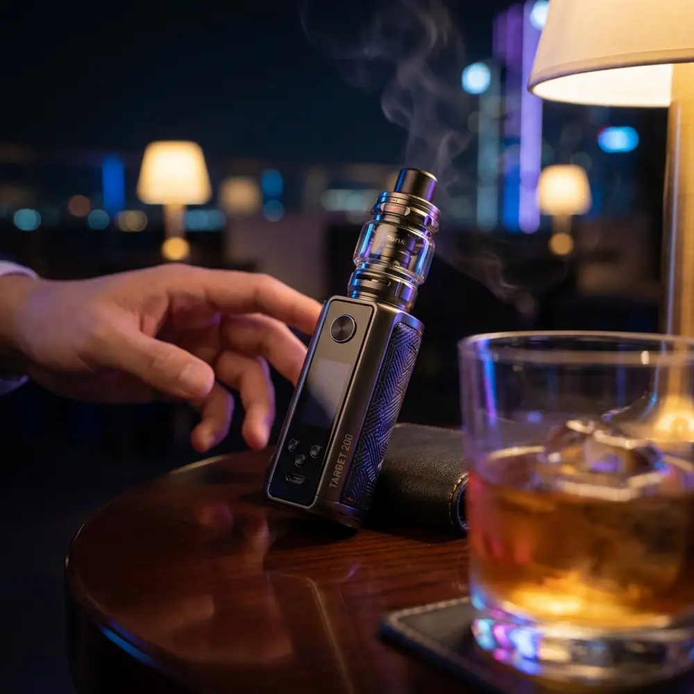 Target 200 iTank 2 Vaporesso apoiado em mesa de lounge RGB, mão ao alcance e atmosfera noturna urbana - Vapor Gringo