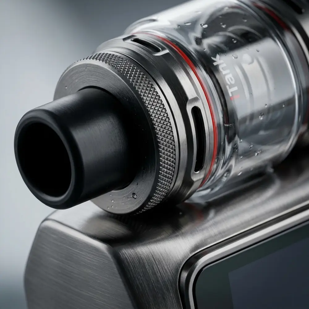 Detalhe macro do bocal, vidro e textura metálica do Target 200 iTank 2 Vaporesso com condensação - Vapor Gringo