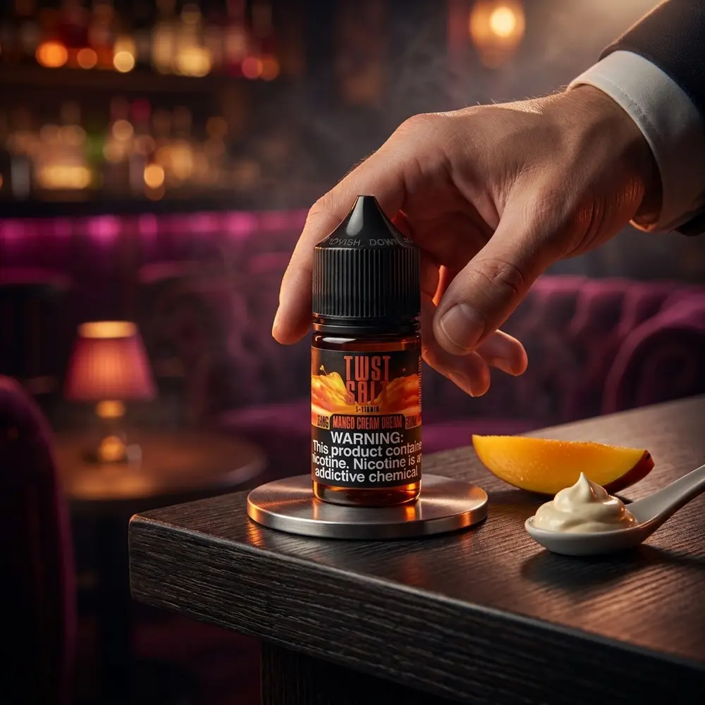 Twst Mango Cream Dream 30ml em lounge urbano sobre balcao metalico, fatia de manga e luzes de bar ao fundo - Vapor Gringo