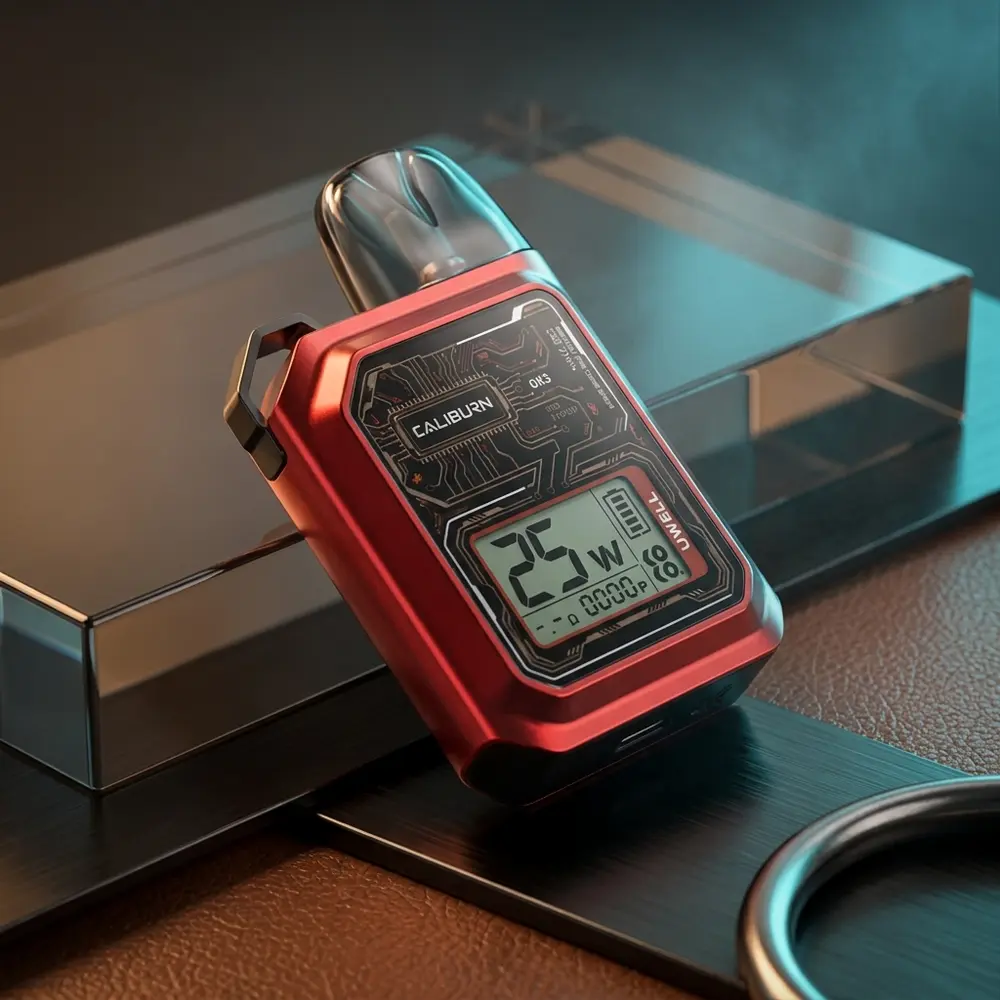 Uwell Caliburn GK3 apoiado em placa acrilica escura com luzes quentes e frisos cromados visiveis - Vapor Gringo