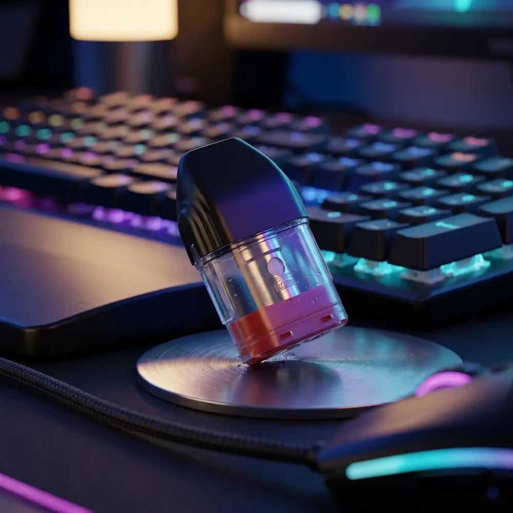 Pod Uwell KoKo Caliburn apoiado em coaster metálico em setup gamer RGB com teclado e reflexos - Vapor Gringo