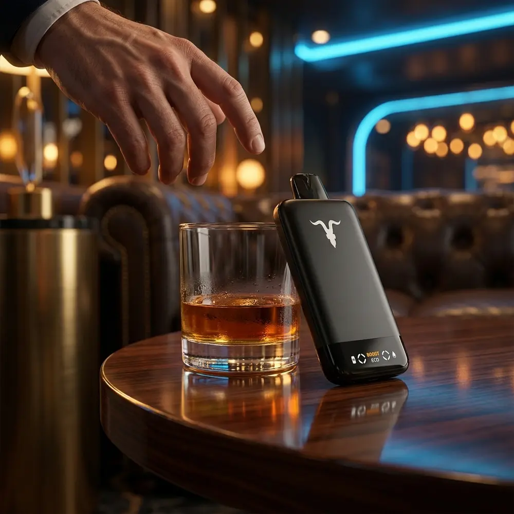 Pod descartavel V55 Ultra Slim Ignite apoiado em mesa de lounge de luxo ao lado de copo e luzes quentes - Vapor Gringo